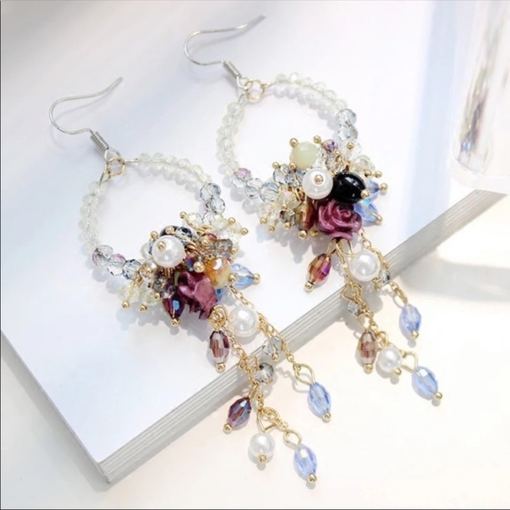 Handmade Bohemian Floral Wedding Earrings - Beaded Chandelier Dangles - Picture 6 of 15